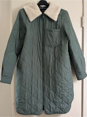 Vero Moda Quilted Coat Sherpa Collar Green Long Jacket Size M